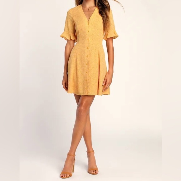 Lulus castana mustard yellow print button up dress size small - Picture 4 of 7